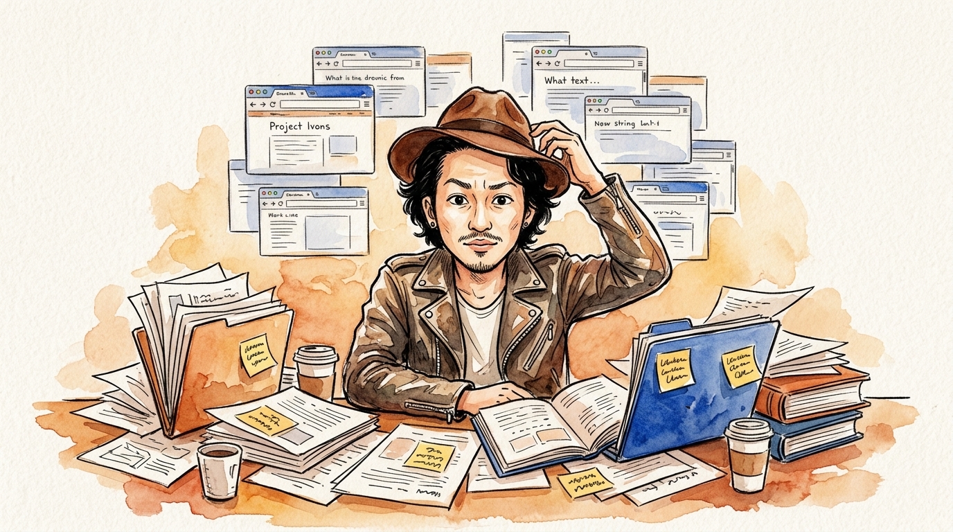 事業が増えて机の上が散らかっている様子