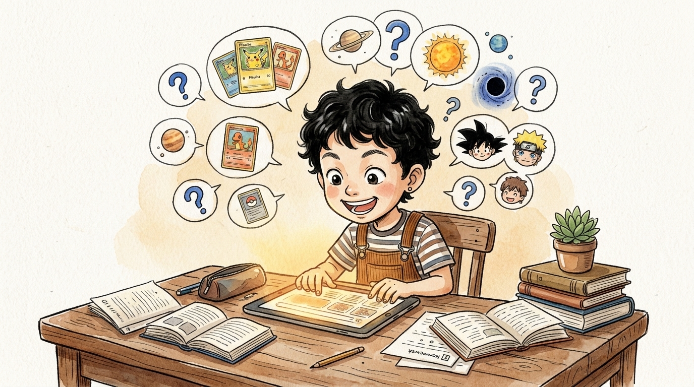 子どもがAIに夢中で質問しているイメージ