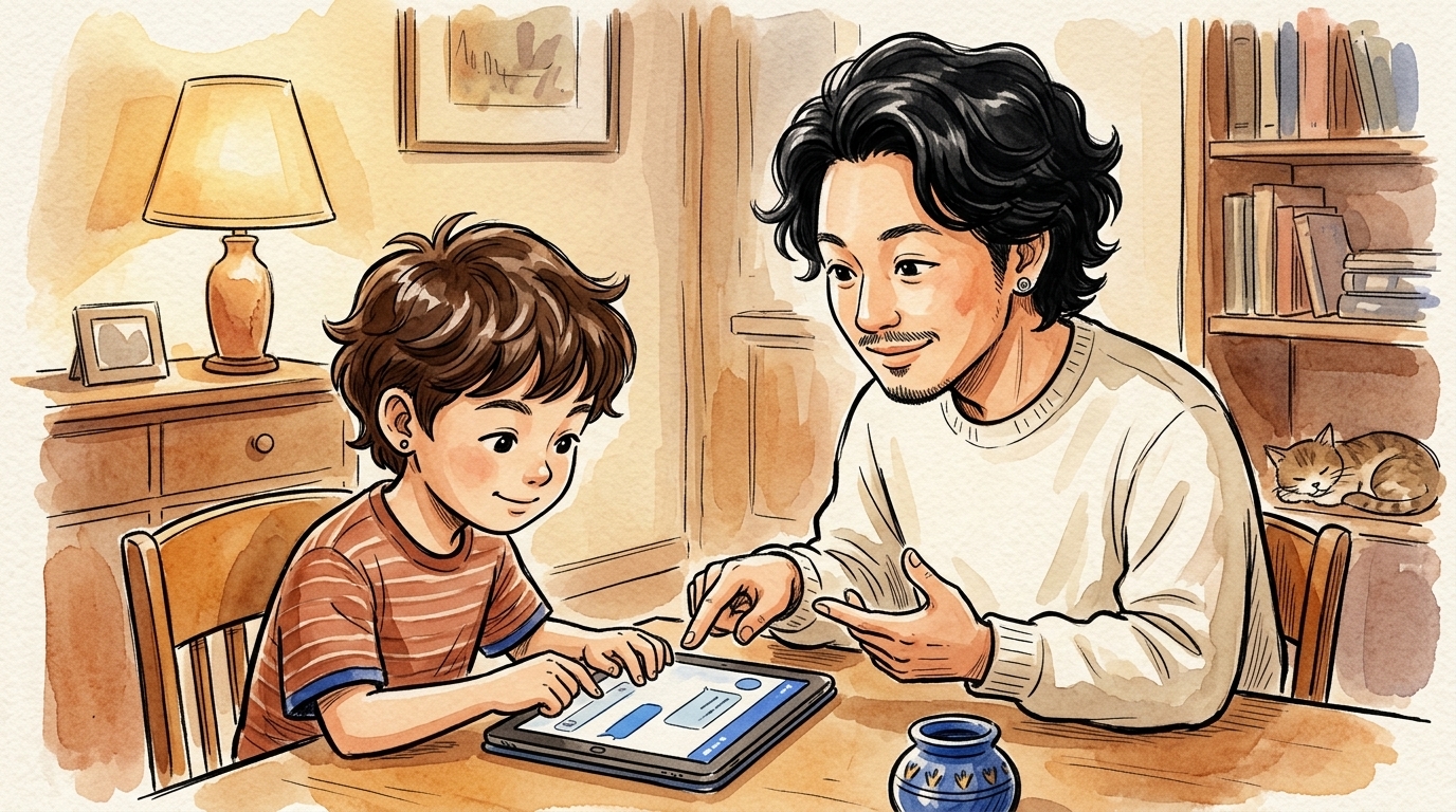 親子が並んで画面を見ている温かい場面