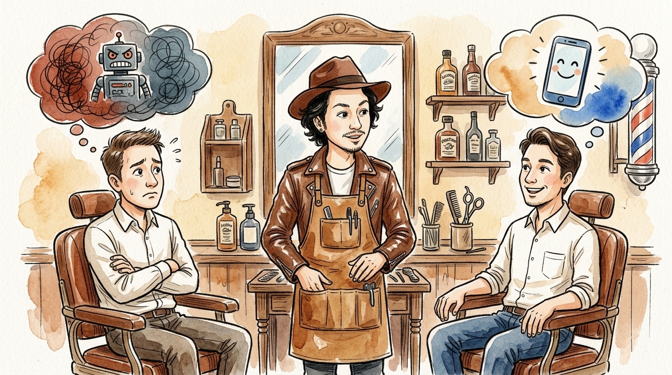 サロンでお客さんとAIについて話す会話シーンのイラスト