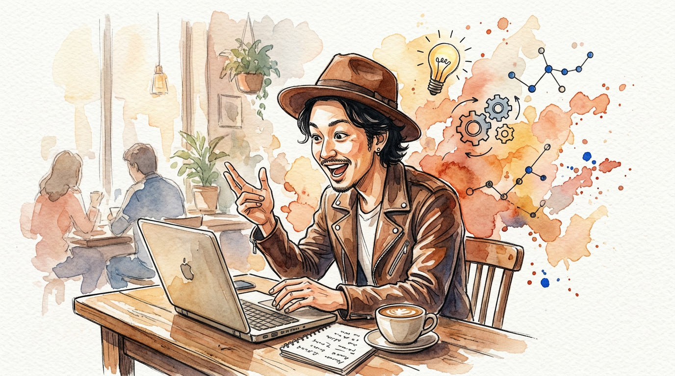 アイキャッチ:カフェでAIについて熱く語るTAKU